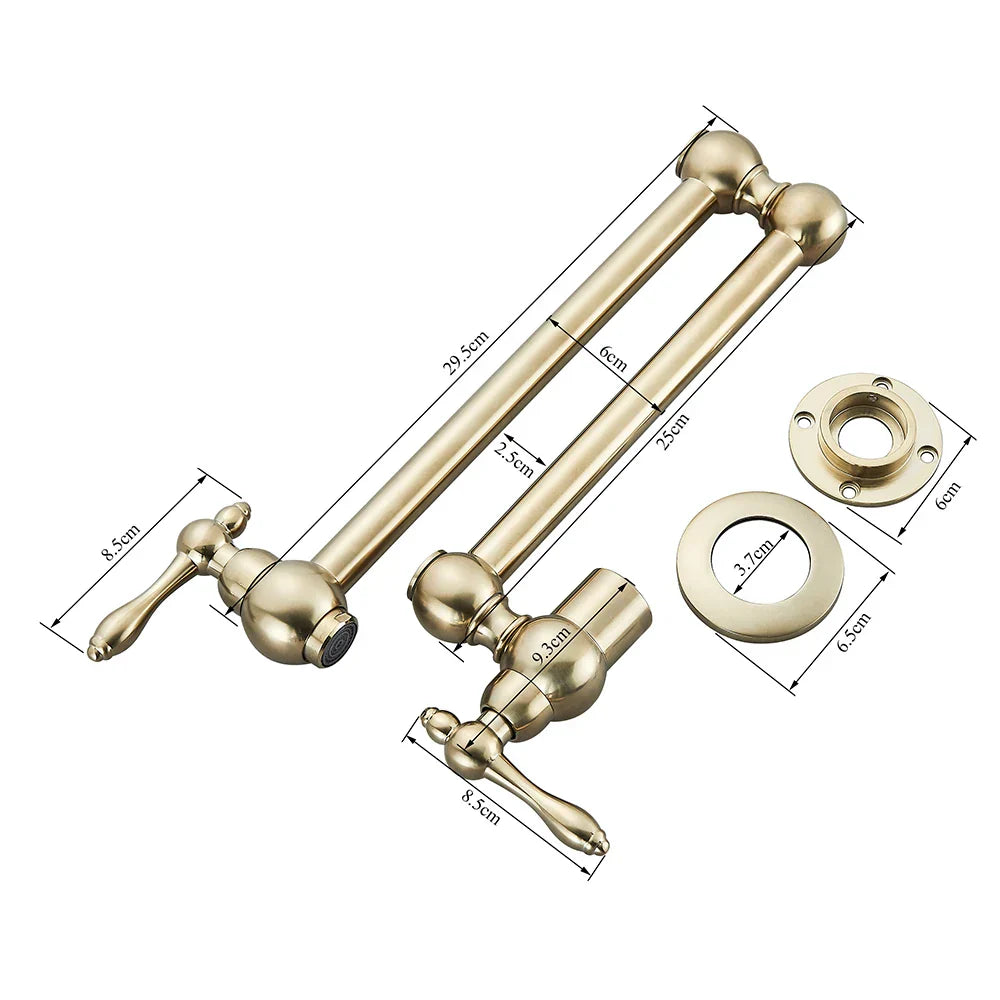 DecorBites™ Brushed Gold Brass Pot Filler Faucet with Folding Spout - Wall Mounted Kitchen Tap