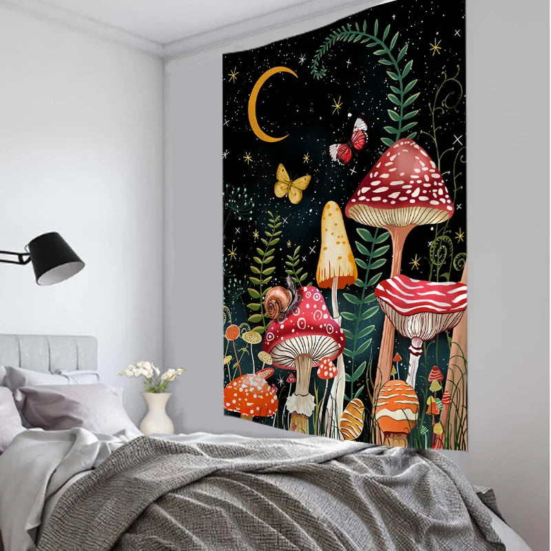 Decobites Snail Mushroom Tapestry | Starry Sky Hippie Wall Hanging for Aesthetic Room Decor