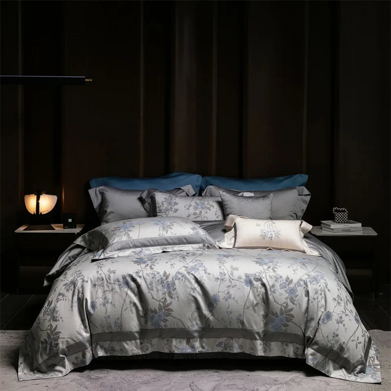 Decobites Vintage Luxury Jacquard Egyptian Cotton Bedding Set with Duvet, Sheet and Pillowcase