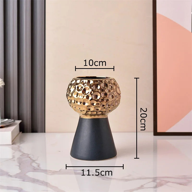 Jarrón de cerámica con patrón de martillo dorado Decorbites™: Maceta creativa para decoración de mesa y arreglo floral