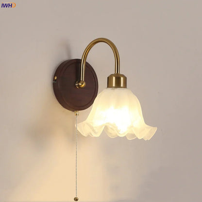 DecorBites™ LED Wall Light Glass Fixture Pull Chain Switch Wood Bedside Sconce