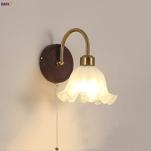 DecorBites™ LED Wall Light Glass Fixture Pull Chain Switch Wood Bedside Sconce