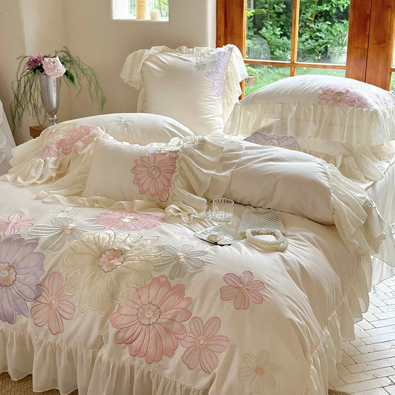 Decobites Romantic Flowers Lace Ruffles Princess Bedding Set, 1200TC Egyptian Cotton, Duvet Cover, Bed Sheet, Pillowcases