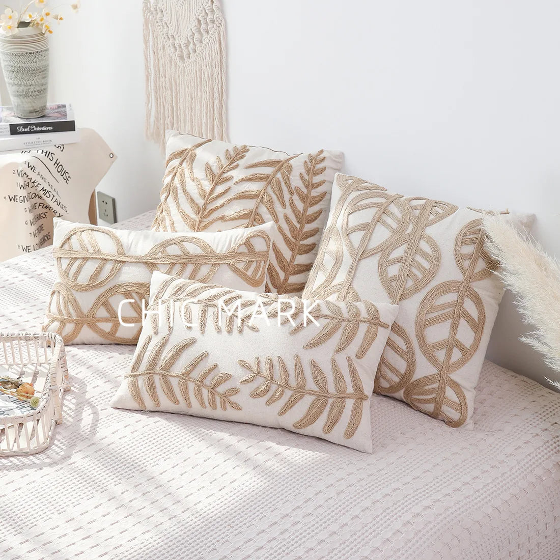 DecorBites™ Leaves Embroidered Pillow Cover - 45*45 Decorative Cushion for Living Room