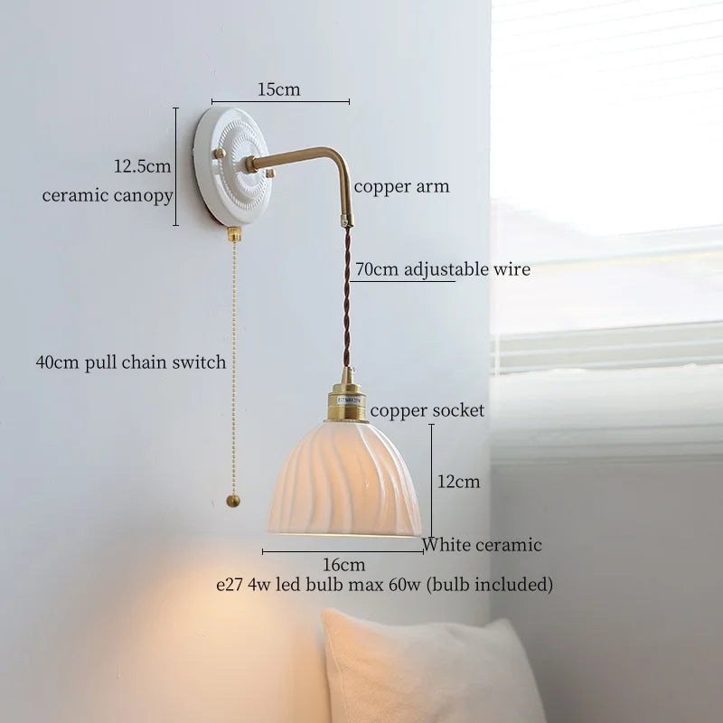 DecorBites™ Ceramic Wall Sconce with Copper Arm | Pull Chain Switch LED Bedroom Lamp