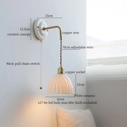 DecorBites™ Ceramic Wall Sconce with Copper Arm | Pull Chain Switch LED Bedroom Lamp