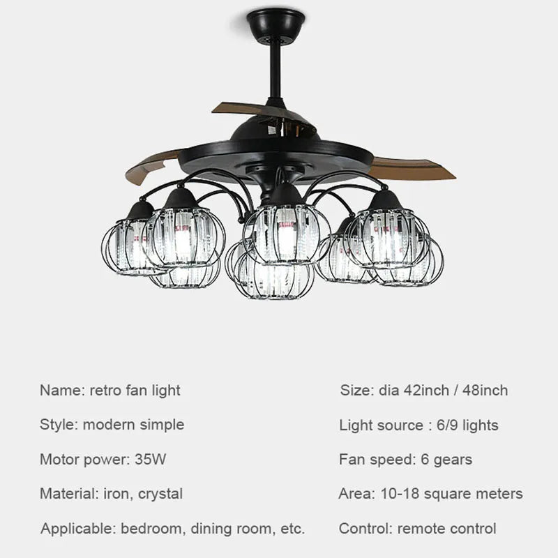 DecorBites™ Black Crystal LED Ceiling Fan Chandelier, 6/9 Heads, Remote Control, Reverse Motor