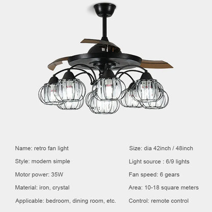 DecorBites™ Black Crystal LED Ceiling Fan Chandelier, 6/9 Heads, Remote Control, Reverse Motor