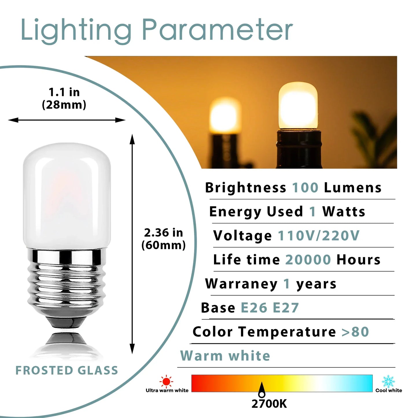 DecorBites™ Dimmable 1W Tubular LED Light Bulbs, E27 Base, 2700K-6000K, Frosted - Ceiling Fan, Refrigerator