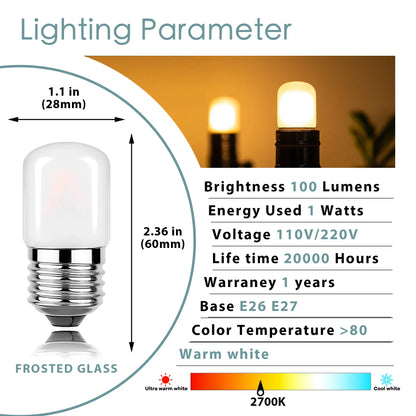 DecorBites™ Dimmable 1W Tubular LED Light Bulbs, E27 Base, 2700K-6000K, Frosted - Ceiling Fan, Refrigerator