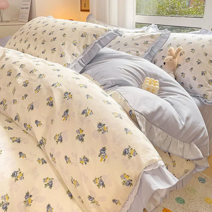 Decobites Floral Ruffles Bedding Set with Duvet Cover, Sheets, and Pillowcases