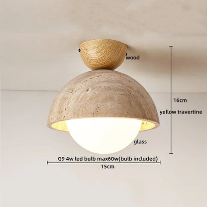 DecorBites™ Japan Style LED Ceiling Light Yellow Travertine Stone Wood Base Bedroom Luminaire.