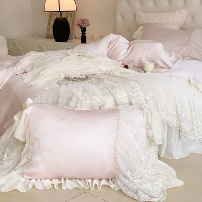 Decobites Pink Lace Ruffles Princess Wedding Bedding Set with Lyocell Eucalyptus Fiber