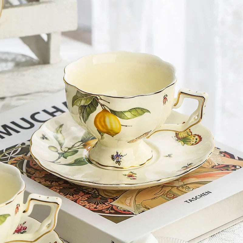 DecorBites™ Lemon Pattern Porcelain Tea Set: Teapot, Kettle, Handle Cup, Mugs