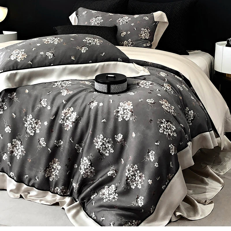 Decobites Flowers Plant Print Bedding Set: Luxe Lyocell Cotton Soft Silky Cool Duvet Cover Set