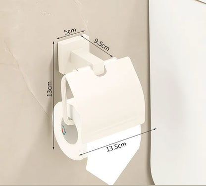 مجموعة حمام DecorBites™: رف أبيض كريمي، وحامل مناشف، وحامل ورق، وحامل فرشاة، وأدوات معدنية