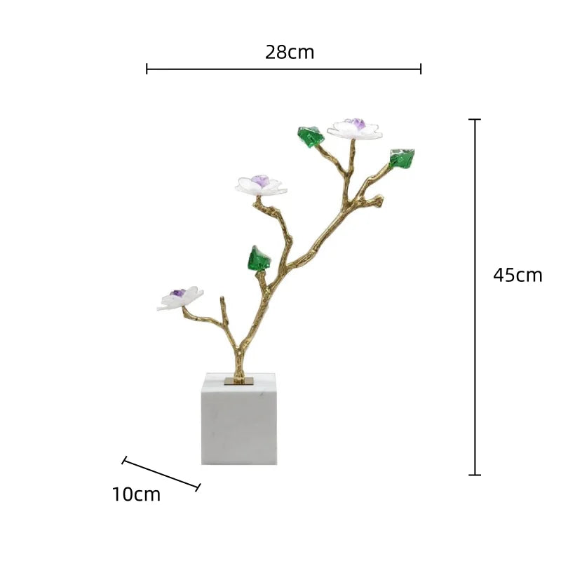 DecorBites™ Crystal Flower Tree Sculpture: Golden Branches with Marble Base