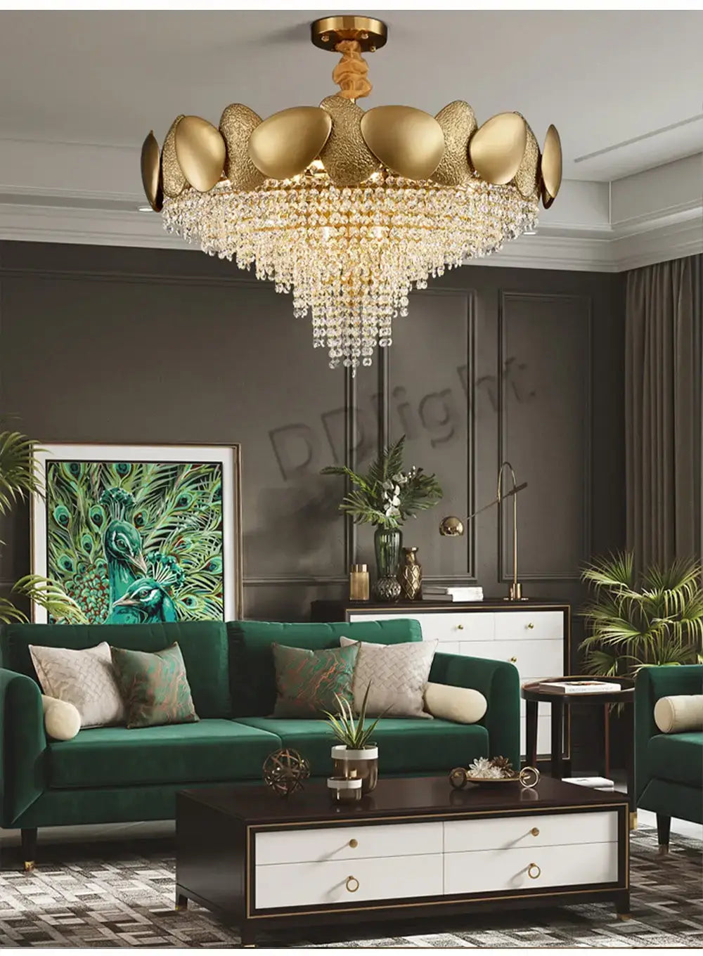 Luxury gold crystal led ceiling chandelier featuring a cluster of polished petal-shaped metallic elements and cascading crystal droplets for living room use.