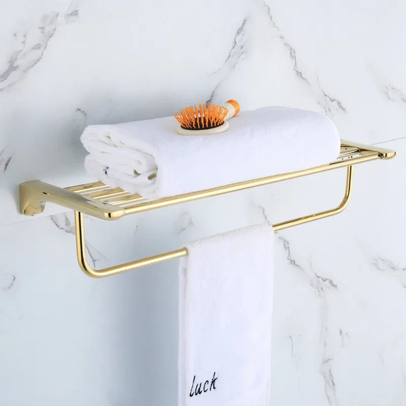 Conjunto de Herrajes para Baño Decorbites™ de Oro: Perchero para Toallas, Estante, Sostenedor de Papel, Sostenedor de Toallas, Sostenedor de Cepillo para Inodoro