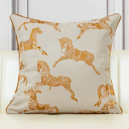 DecorBites™ Gold Faux Silk Horses Jacquard Cushion Cover, Soft Chinese Style Throw Pillow Case