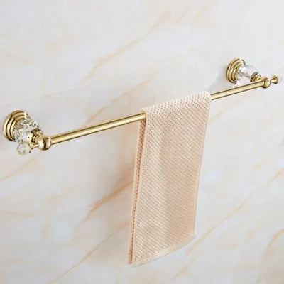 DecorBites™ Brass and Crystal Bathroom Accessories Set: Shelf, Robe Hook, Paper Holder, Brush Holder