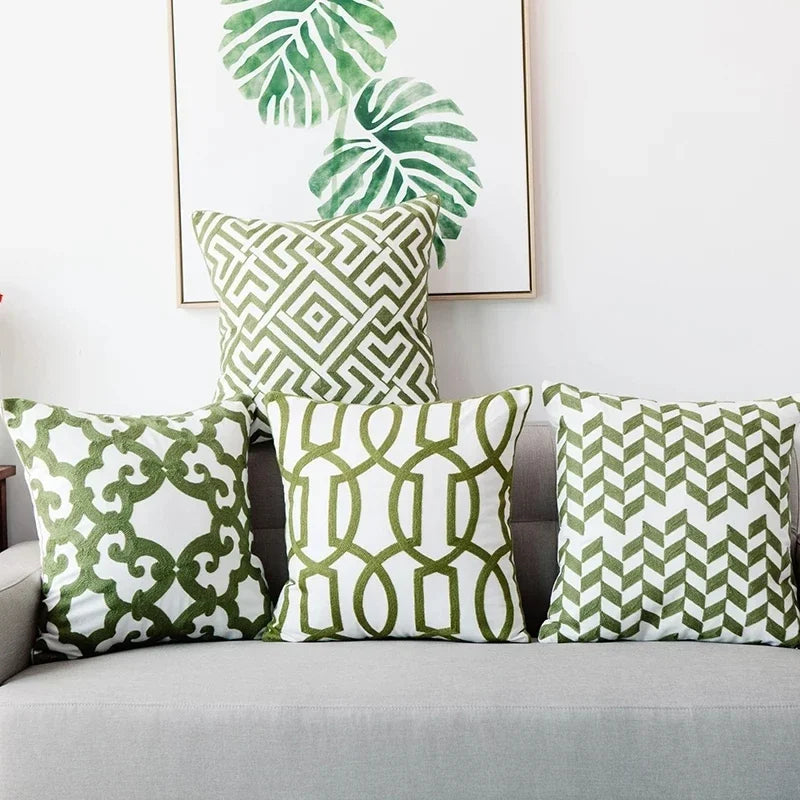 DecorBites™ Green Geometric Canvas Cotton Embroidered Cushion Cover 45x45cm