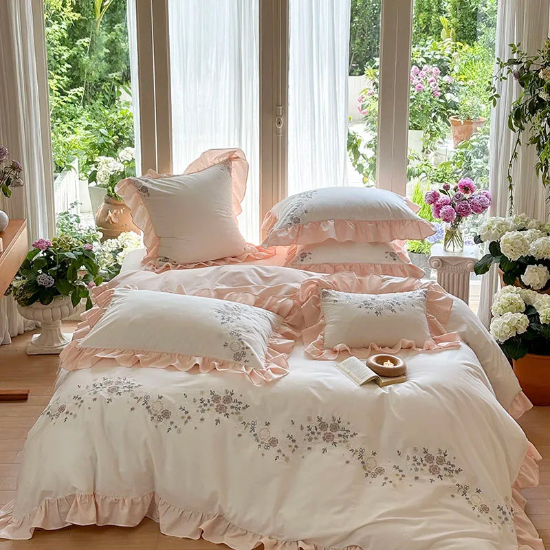 Decobites Korean Princess Lace Ruffles Flowers Embroidery Bedding Set with 100% Cotton Quality.