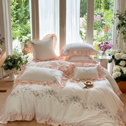 Decorbites™ Koreanische Prinzessin Spitzen-Volants-Blumen-Stickerei-Bettwäsche-Set mit 100% Baumwollqualität.