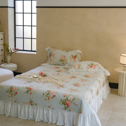 Decobites Cotton Floral Ruffles Quilted Bedspread Set with Pillowcases