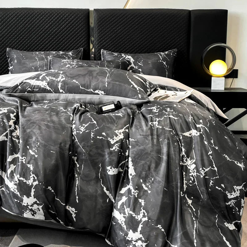 Decobites Black Grey Marble Ice Silk Duvet Cover Set - Luxury Cooling Comfort, Nordic Style