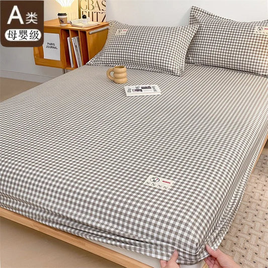 Decobites Plaid Style Fitted Sheet - Skin-friendly Elastic Bedsheet for Kids' Room