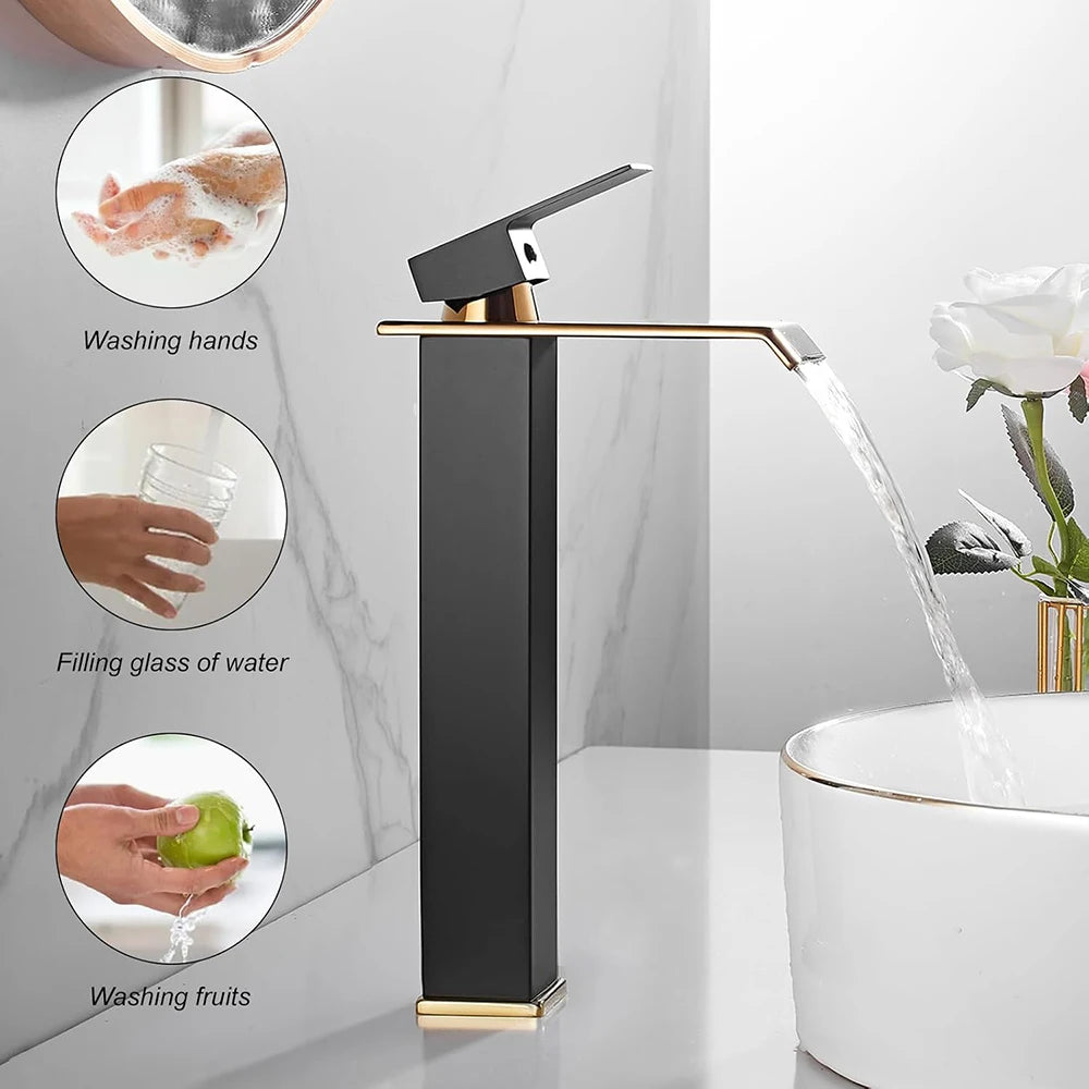 Gold and Black Waterfall Brass Bathroom Basin Faucet Mixer Tap with Hot and Cold Function for Sink