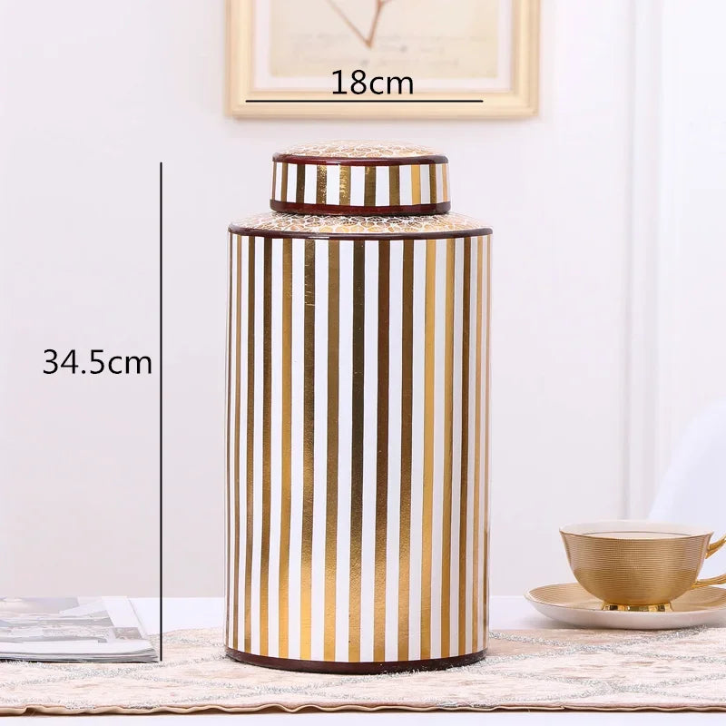 DecorBites™ Golden Stripe Ceramics Vase with Cover, Modern Storage Jar for Home Decor