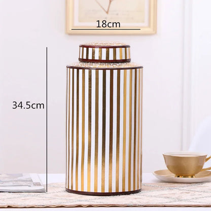 DecorBites™ Golden Stripe Ceramics Vase with Cover, Modern Storage Jar for Home Decor