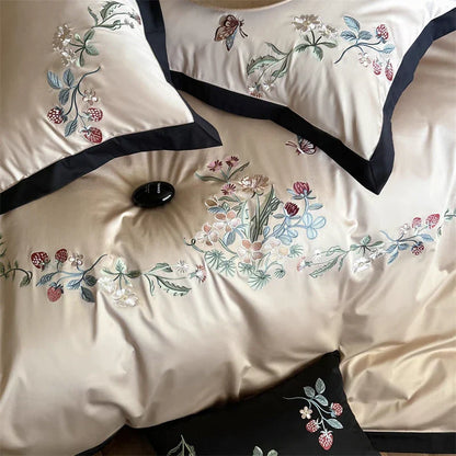 Decobites 1000TC Cotton Butterfly Flowers Embroidery Bedding Set with Duvet Cover, Sheet, Pillowcases