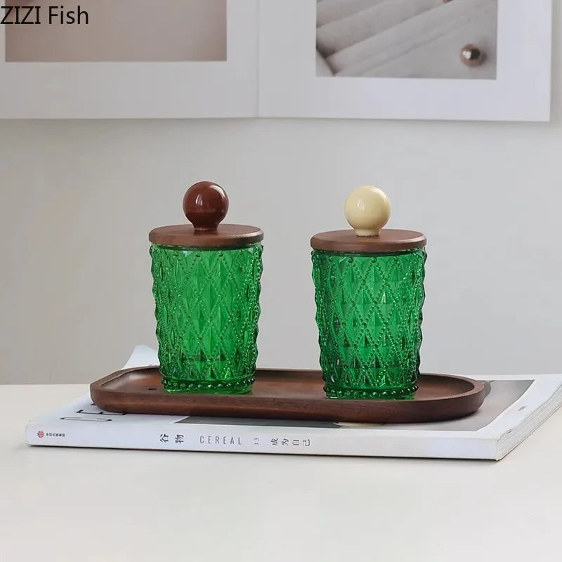 Tarro de cerámica DecorBites™ con tapa de nogal para guardar joyas y accesorios