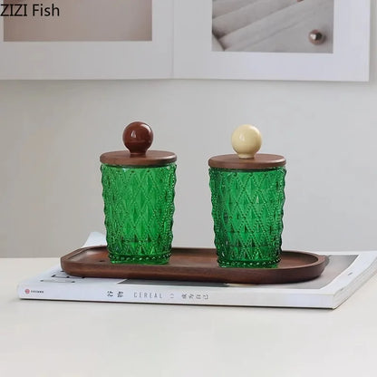 Tarro de cerámica DecorBites™ con tapa de nogal para guardar joyas y accesorios