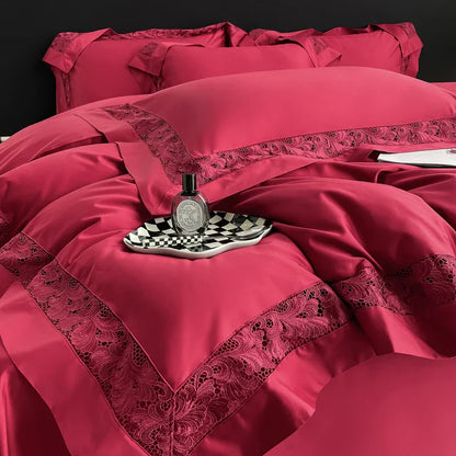 Decobites Lace Embroidery 1200TC Egyptian Cotton 4Pcs Bedding Set with Wide Hollow Design