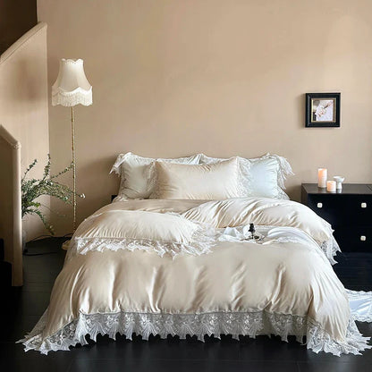 Decobites Romantic Lace Ruffles Bedding Set in Lyocell Cotton, Silky Duvet Cover, Bed Sheet, Pillowcases