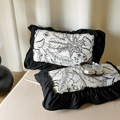 Decobites French Vintage Black Ruffles Duvet Cover Set with Pillowcases, Nordic Luxury Flowers Plant Bedding Set