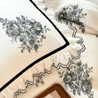 Decobites Ruffled Embroidery Cotton Bedding Set: Duvet Cover, Sheet Set, Pillowcase