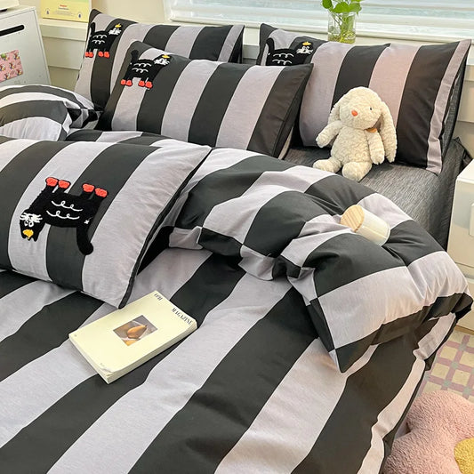 DecorBites™ Cat Embroidery Stripes Bedding Set - Single Queen Size Bedclothes
