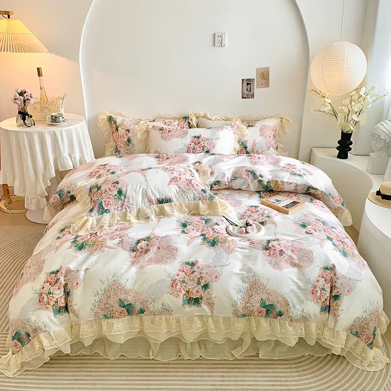 Decobites Vintage Rose Floral Double Layer Lace Ruffles 100% Cotton Bedding Set