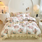 Decobites Vintage Rose Floral Double Layer Lace Ruffles 100% Cotton Bedding Set