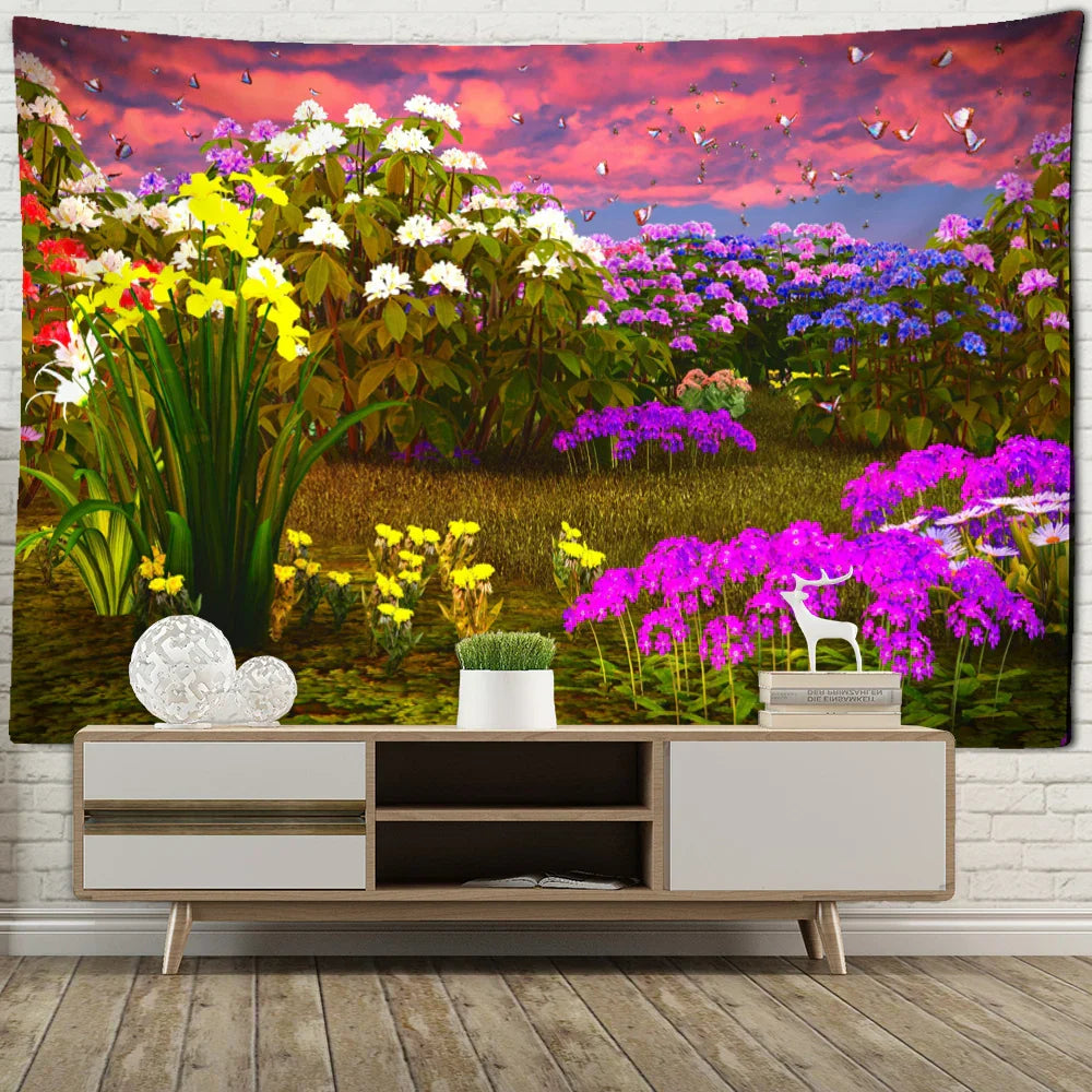 Rhododendron Bush Landscape Tapestry by Decobites: Psychedelic Hippie Wall Decor for Living Room