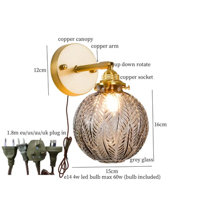 DecorBites™ Grey Glass LED Wall Lamp Bedroom Living Room Loft Modern Copper Wandlamp