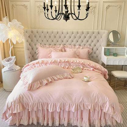 Decobites Korean Princess Lace Ruffles Bedding Set in Bean Paste Pink