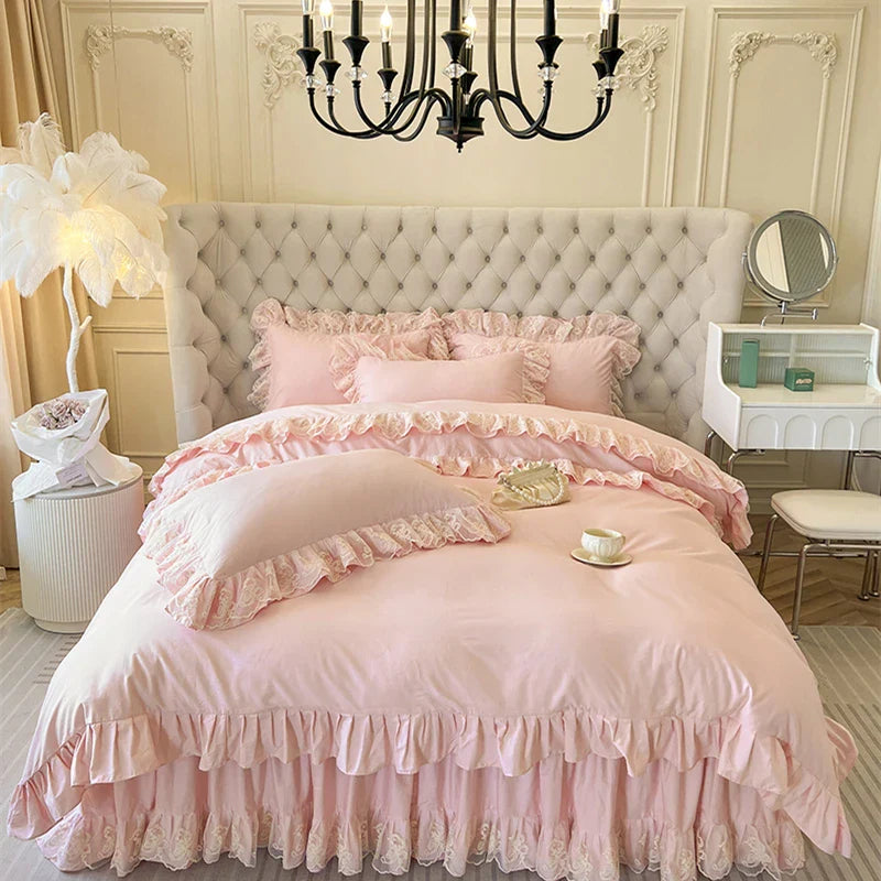 Pink Lace Bedding Set 400TC Fabric 2X2.2m