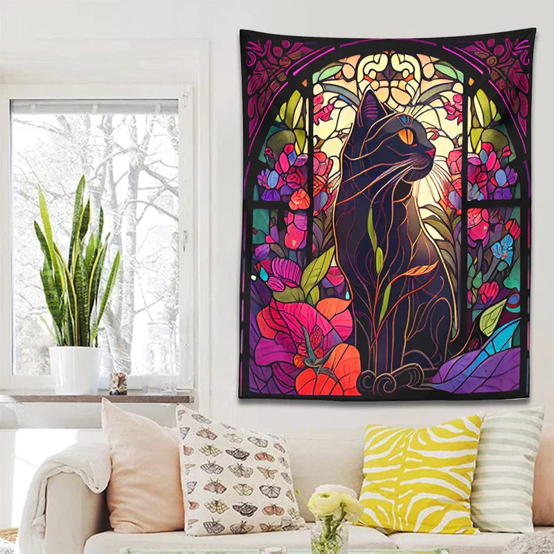 Decobites Floral Cat Tapestry Stained Glass Wall Art - Boho Cat Decor