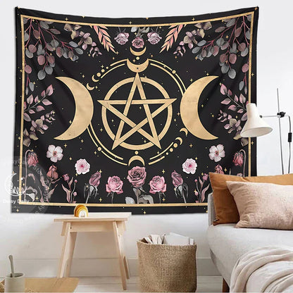 Decobites Botanical Floral Moon Tapestry - Witch Cottage Core Living Room Decor